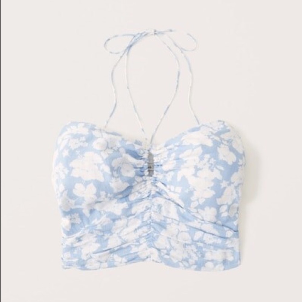 Abercrombie cropped cinched front halter top blue and white XL